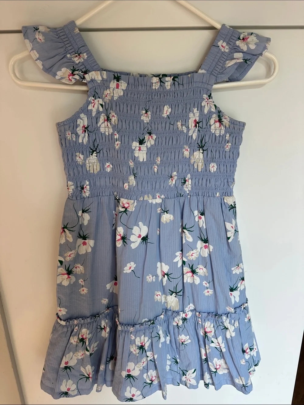 Girls' Light Blue Floral Smocked Sundress with Ruffle Straps Girls Small